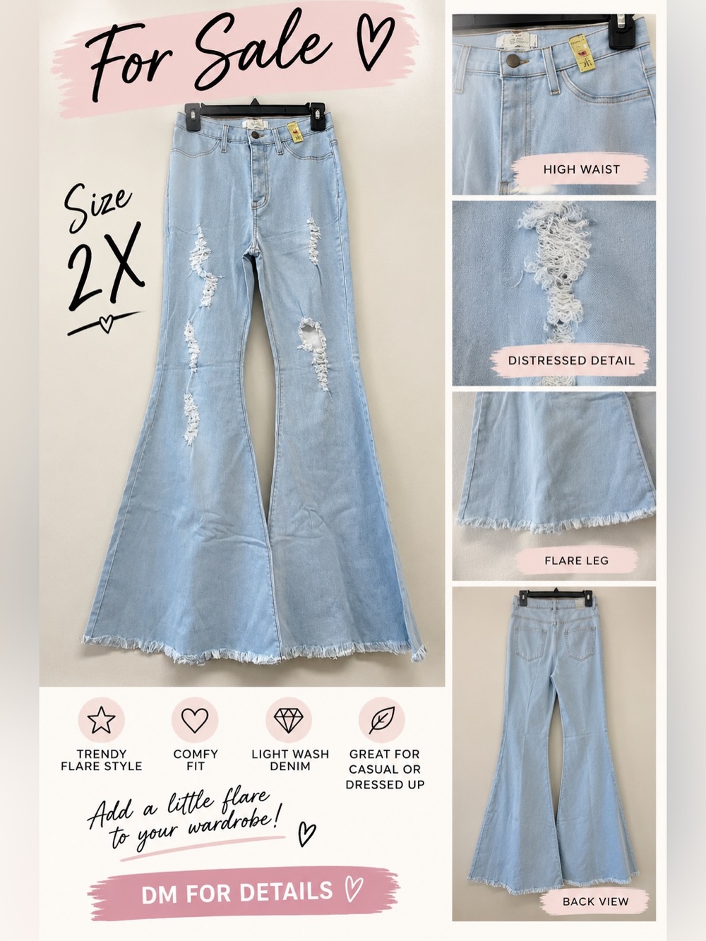 High-Waist Light Blue Distressed Flare Jeans - 2X